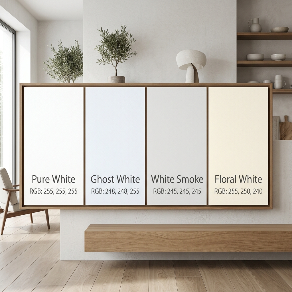 纯白、幽灵白、烟白和花白等不同白色调的视觉对比,展示了微小RGB数值差异带来的视觉效果