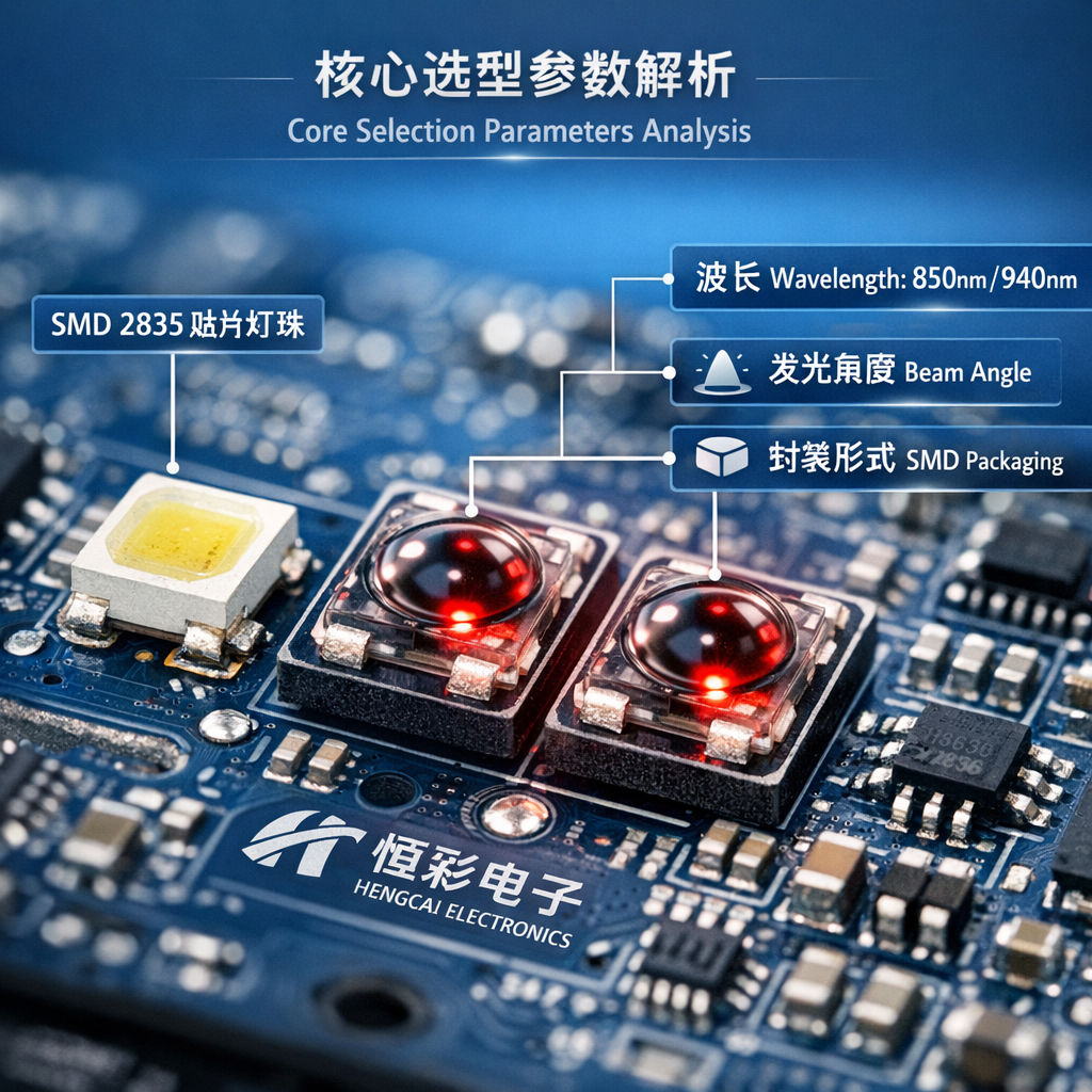 恒彩电子生产的SMD 2835和5050红外灯珠在考勤机PCB板上，图示标注了波长（850nm/940nm）、发光角度和SMD封装形式等核心选型参数，展示产品细节与工艺。