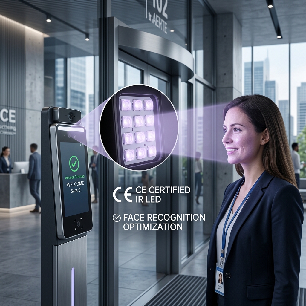 CE认证人脸识别红外LED灯珠在现代办公门禁系统中的应用,展示其专业性、安全性和欧盟合规性
