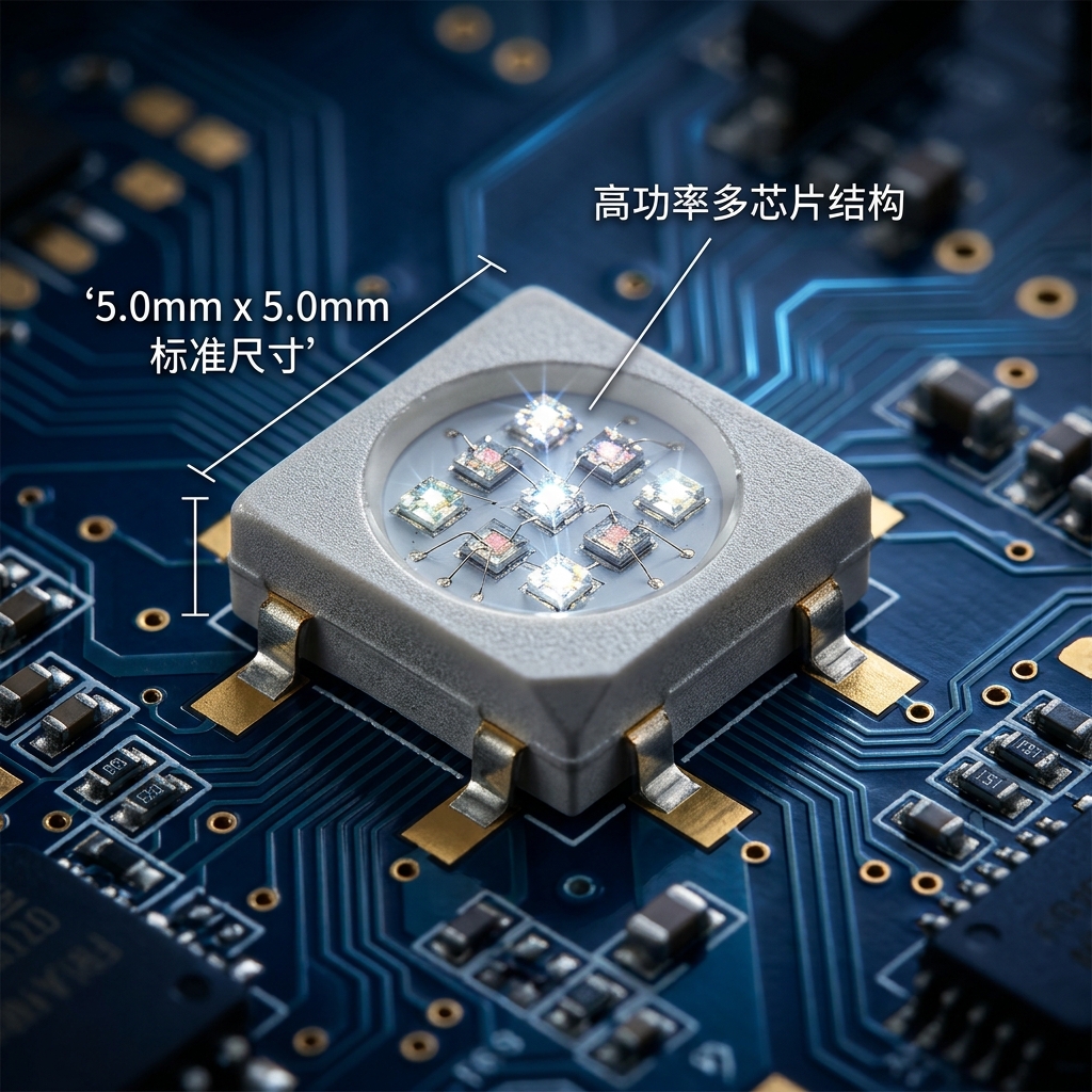 大功率白光陶瓷贴片5050LED灯珠的微距视图，展示其5.0x5.0mm标准尺寸和高功率多芯片结构