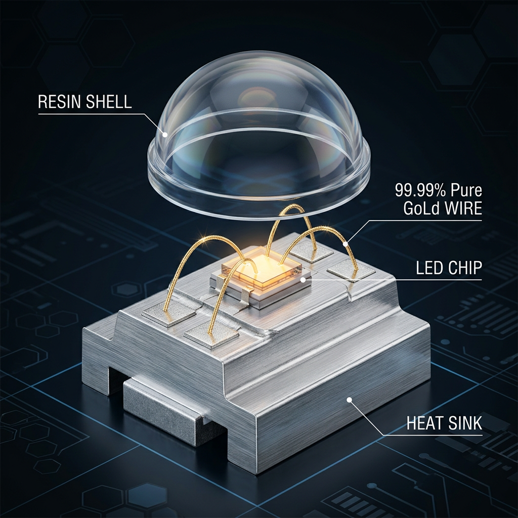 恒彩电子LED灯珠高精密封装结构爆炸分解图,展示芯片、金线、支架和环氧树脂等核心部件。