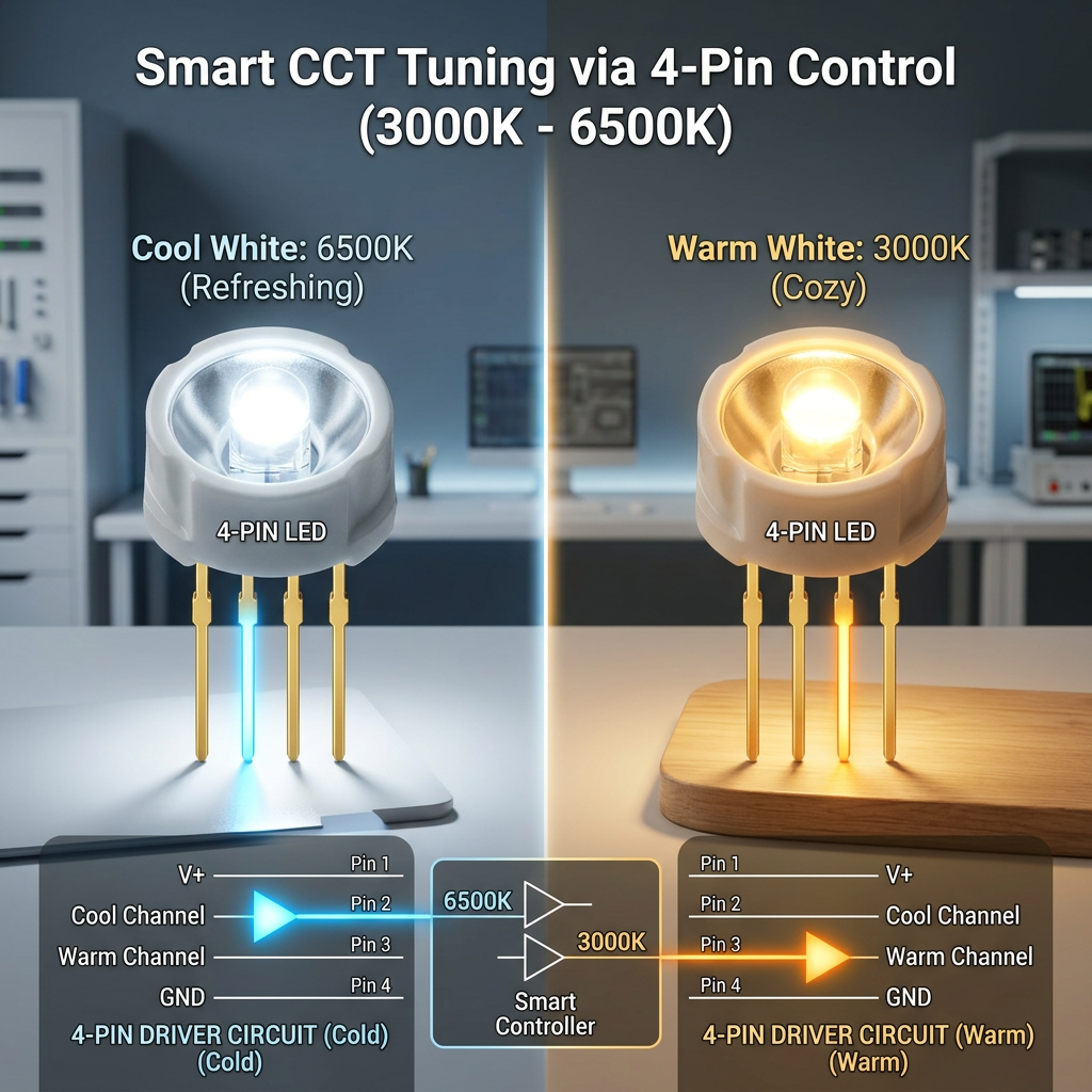 展示SMD3030 4脚灯珠智能调光能力的对比图，通过4个引脚的独立控制，轻松实现从清爽冷白光到温馨暖黄光（3000K-6500K）的色温调节。