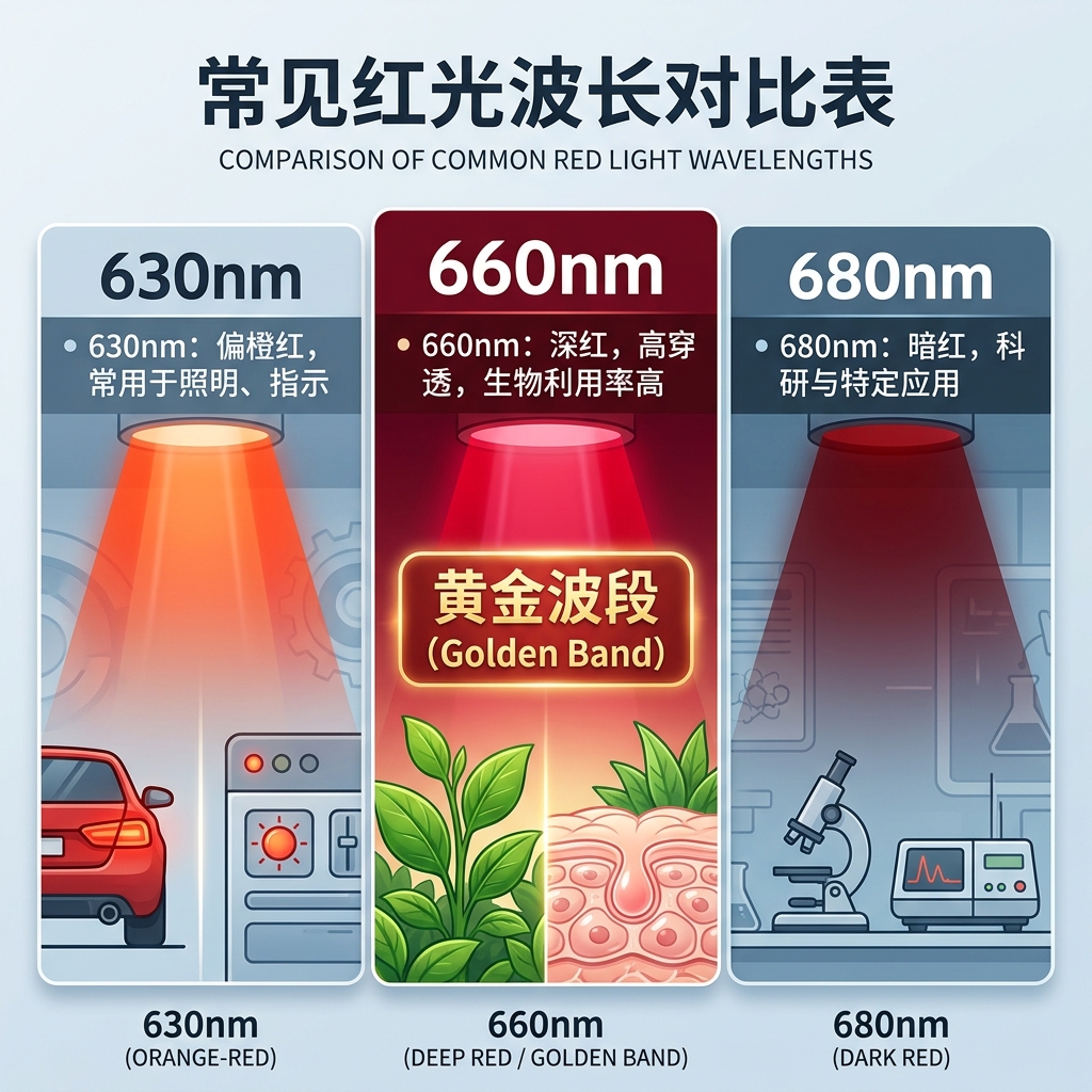 常见红光波长对比图：展示630nm、660nm（深红光）和680nm在颜色与应用上的区别