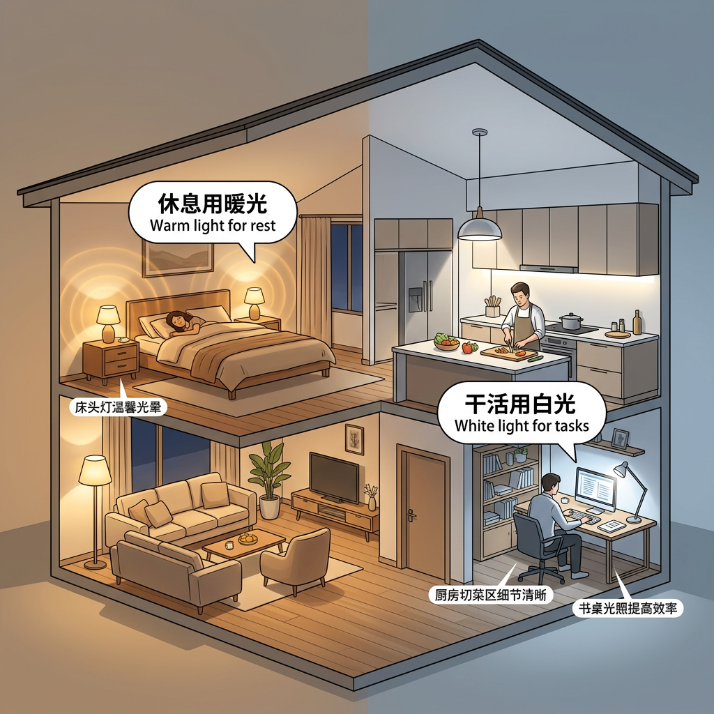 家庭房间灯光搭配指南示意图，展示卧室客厅使用暖白光，厨房书房使用正白光，并标注‘休息用暖光，干活用白光’。