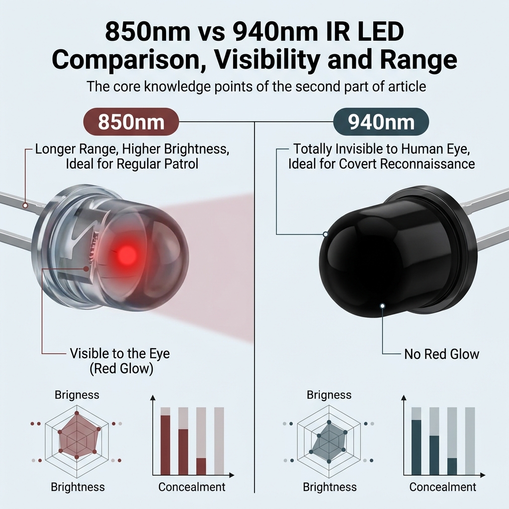 850nm与940nm红外灯珠波长对比:850nm可见微弱红点,照射距离远;940nm完全隐形,适合隐蔽侦察