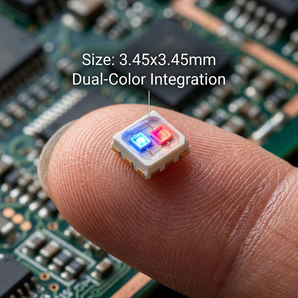 指尖上的3535陶瓷蓝红光双色LED灯珠，展示其精密陶瓷封装与蓝红双色芯片