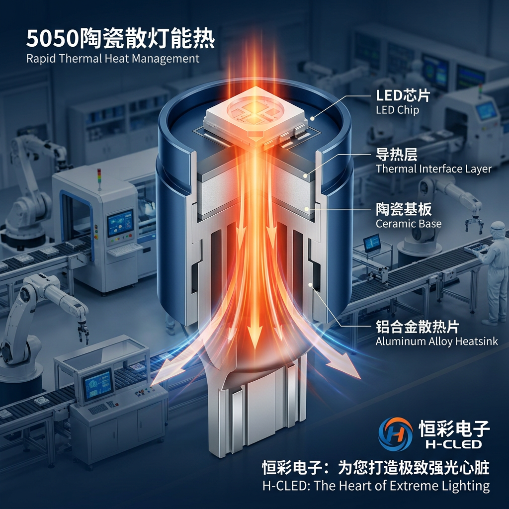 恒彩电子5050激光陶瓷灯珠的散热透视图,展示热量如何通过高导热陶瓷基板迅速传导至散热片,确保大功率下的稳定性和寿命,背景为高精密生产线。