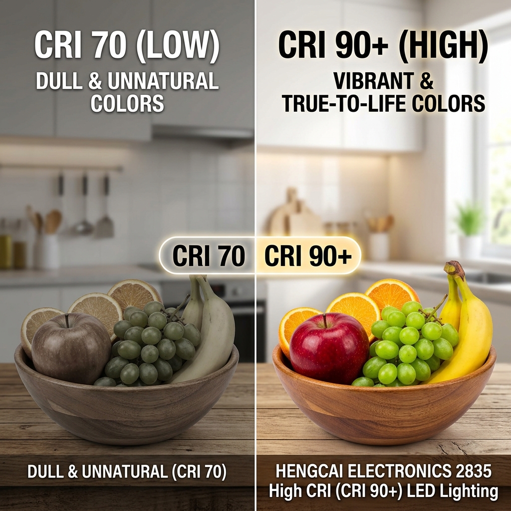 高显色指数 (CRI≥90) 2835 LED 光源下水果色彩鲜艳逼真,对比低显指光源下暗淡的颜色