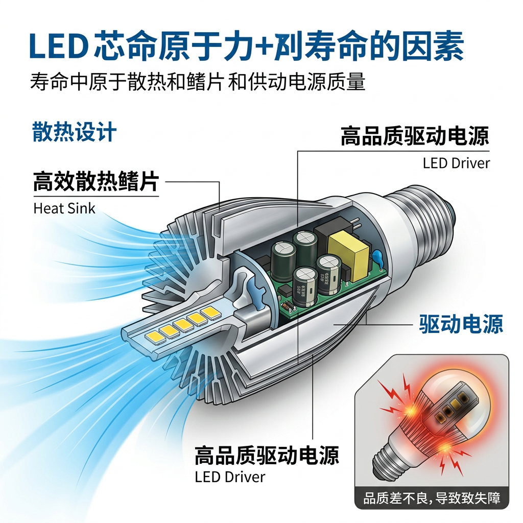 一张技术性的LED灯具三维剖面图，展示高效散热鳍片和高品质驱动电源的内部结构，对比劣质灯泡因散热不良导致过热，强调散热设计和电源质量是影响LED灯寿命的关键因素。