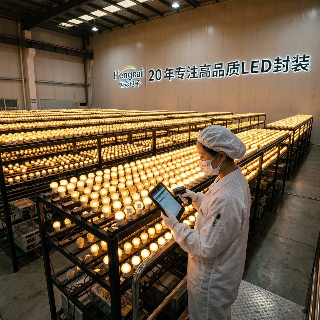 恒彩电子老化测试车间，大量LED氦气灯进行长时间连续点亮测试，确保产品质量可靠