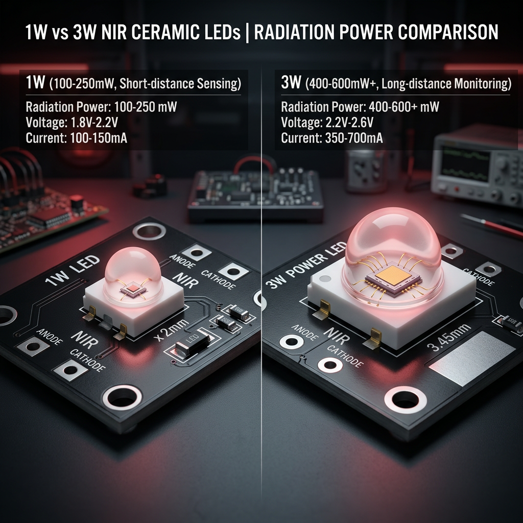 1W与3W近红外陶瓷灯珠外观对比，展示不同功率的灯珠及其在PCB上的工业设计