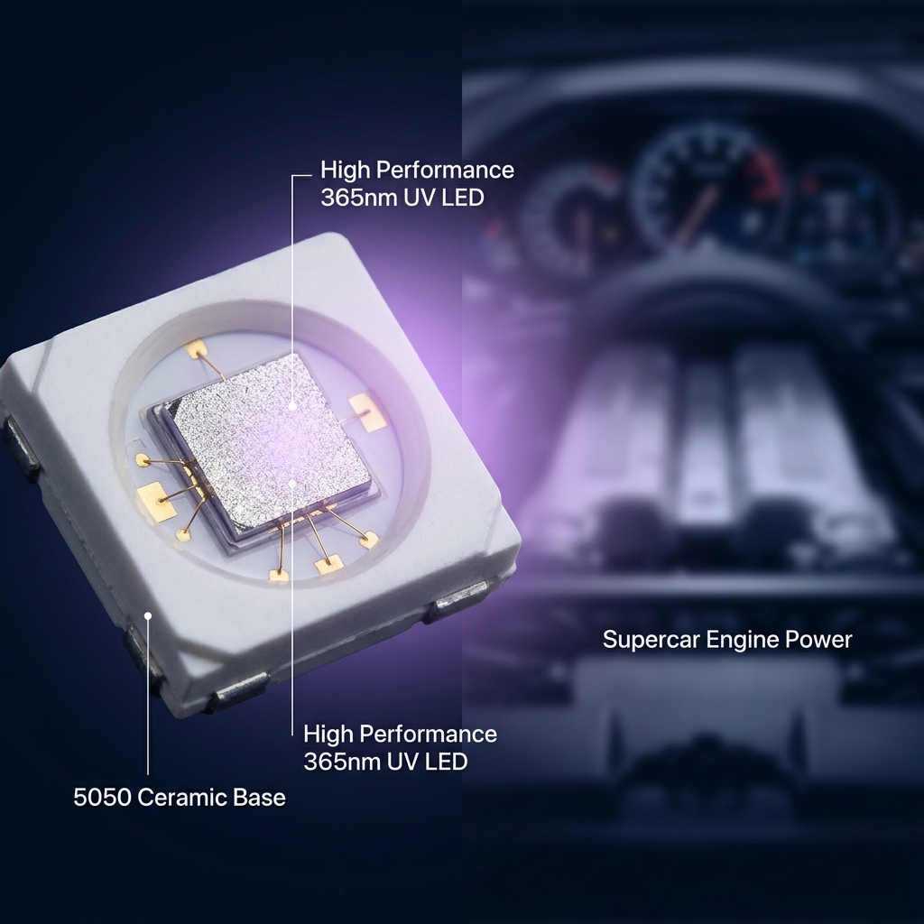 5050陶瓷单晶光鋐56mil紫光365nm灯珠与超级跑车概念图，展现其工业级高性能与强劲动力