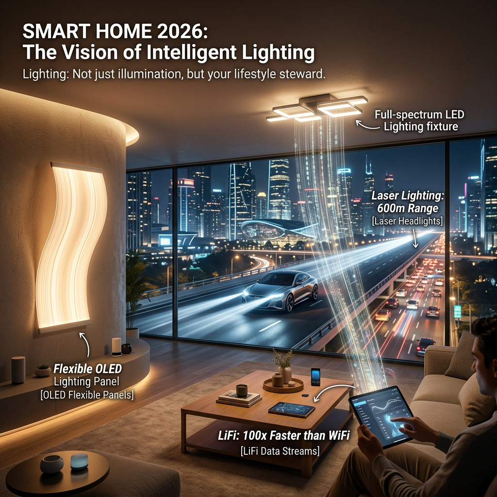 2026年未来智慧家居与城市照明愿景，展示LiFi、OLED柔性面板、激光大灯及全光谱LED应用