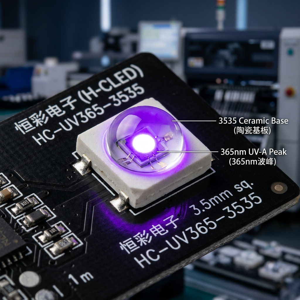 3535陶瓷紫光365nm LED灯珠特写，展示恒彩电子产品及其陶瓷基板和365nm紫外光。