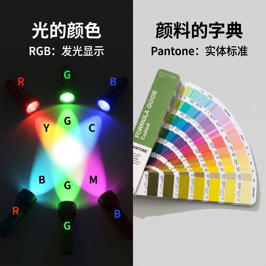 概念图展示RGB（红绿蓝手电筒光束交汇）与潘通（实体潘通色卡展开）的本质区别，左侧代表光的颜色，右侧代表颜料的字典，清晰对比两种色彩系统。