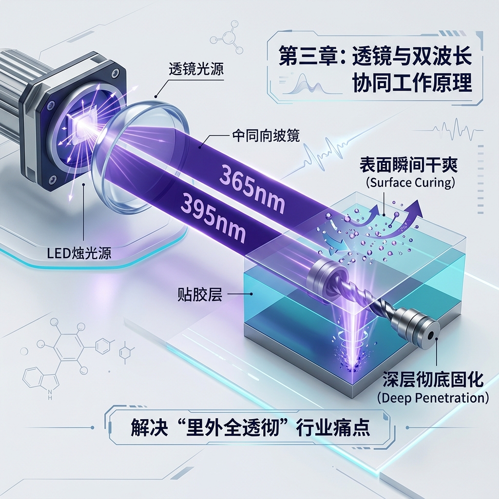 UV LED固化中透镜与双波长(365nm和395nm)协同工作原理示意图,展示表面和深层胶水固化效果