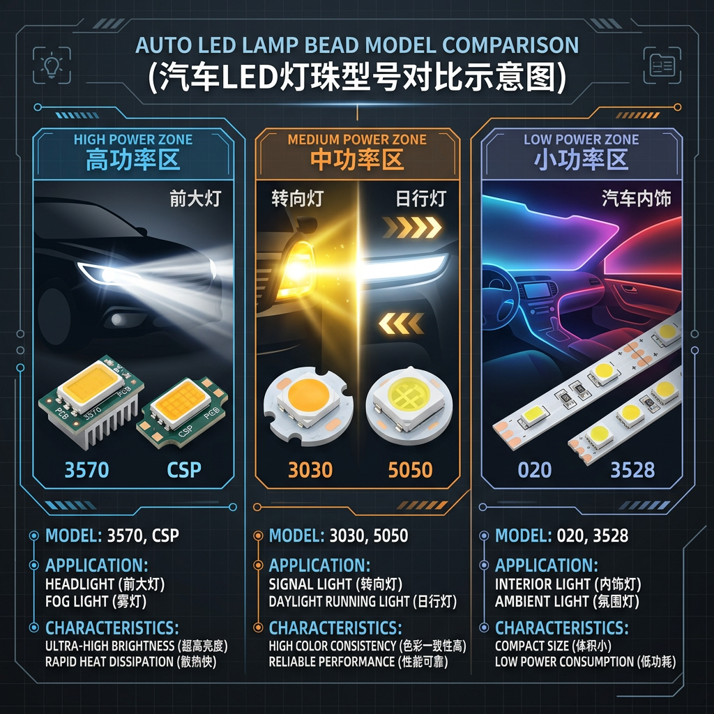 车规级LED灯珠型号对比示意图：高功率3570/CSP、中功率3030/5050、小功率020/3528及其主要应用场景和特点