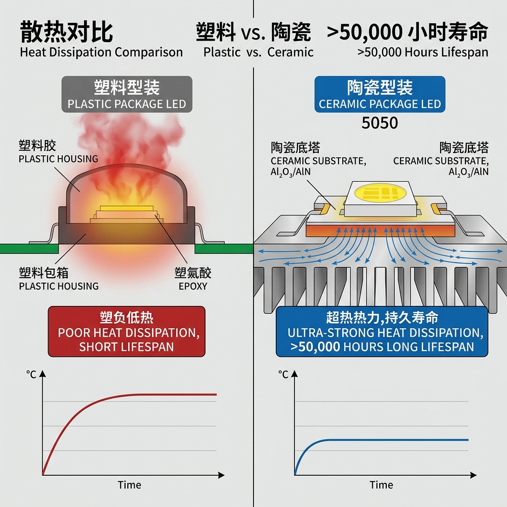 5050陶瓷LED与塑料LED散热对比示意图,展示陶瓷封装卓越的散热性能和更长的寿命