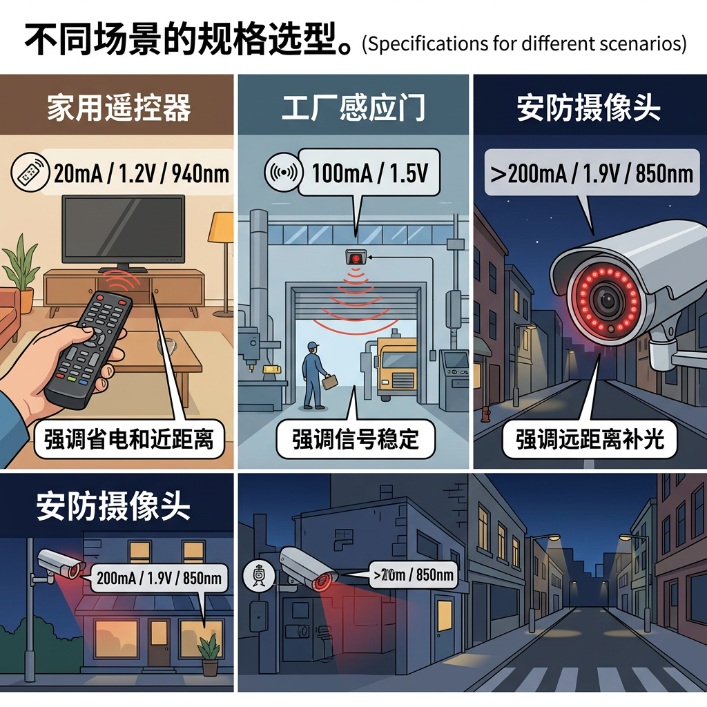 一张对比式插图，展示红外线发射管在不同应用场景下的规格选型，包括家用遥控器（低功率）、工厂感应门（中功率）和安防摄像头（大功率），并标注了各自推荐的电流和电压范围。