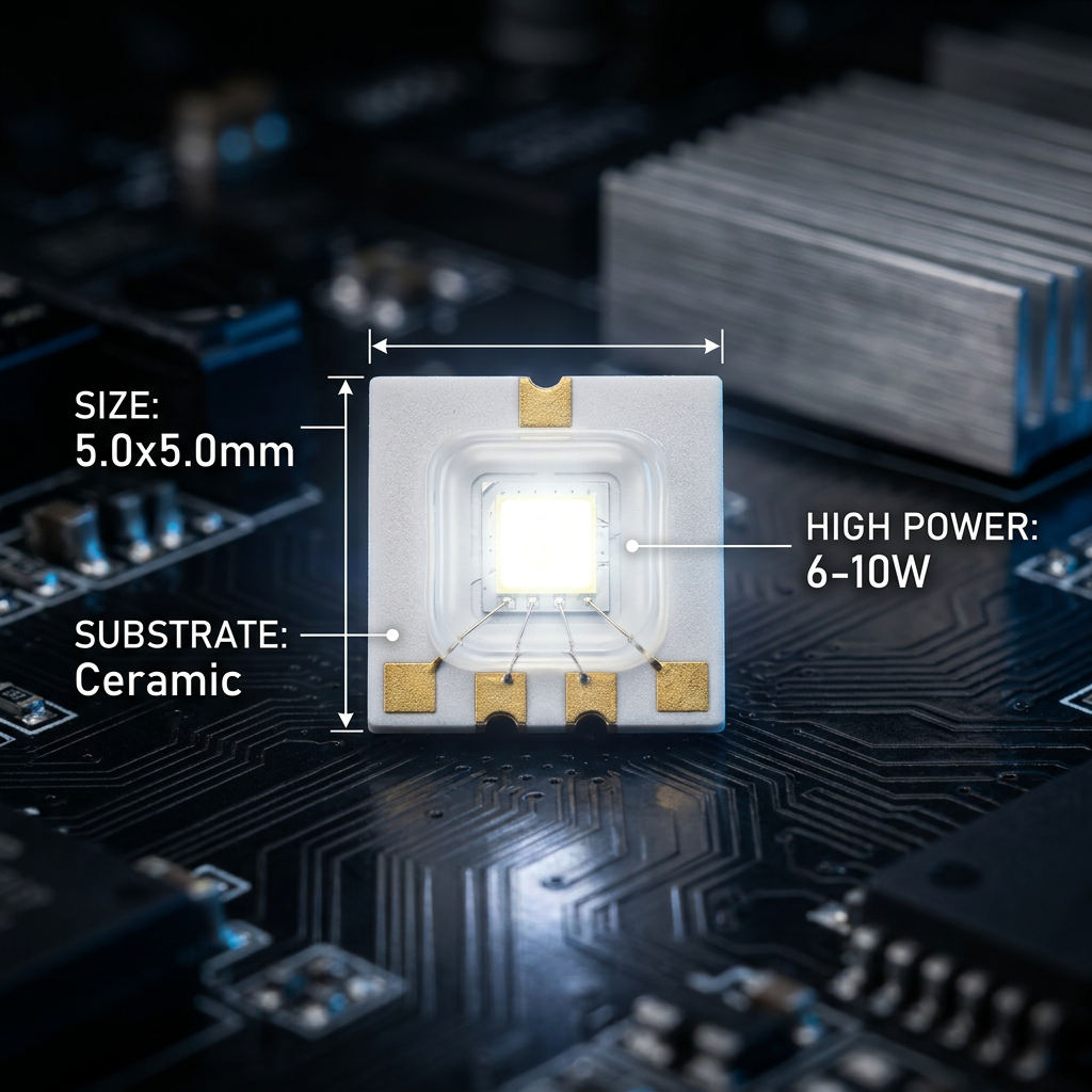 5050陶瓷白光灯珠高清特写,展示5x5mm尺寸、陶瓷基板与6-10W高功率优势
