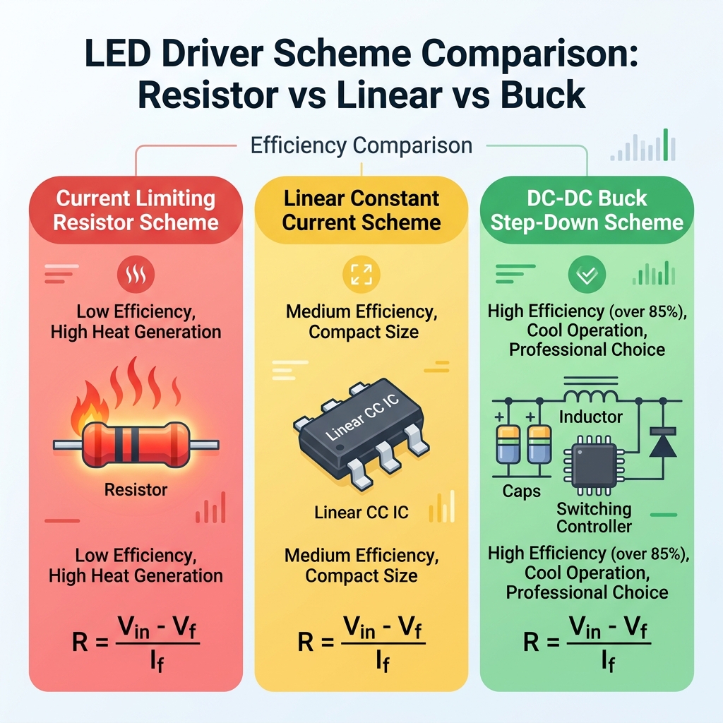 LED三种驱动方案对比:限流电阻、线性恒流与高效DC-DC Buck降压的优劣分析