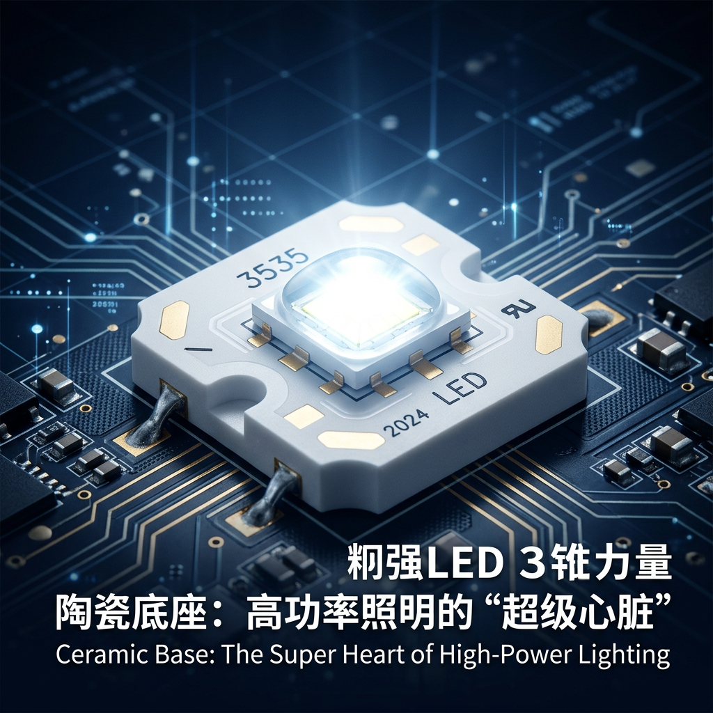 特写一颗3535规格陶瓷底座LED灯珠，底座洁白坚硬，芯片发出明亮白光，背景有电子脉冲线，象征其作为高功率照明核心的地位。图片标注：陶瓷底座：高功率照明的“超级心脏”。