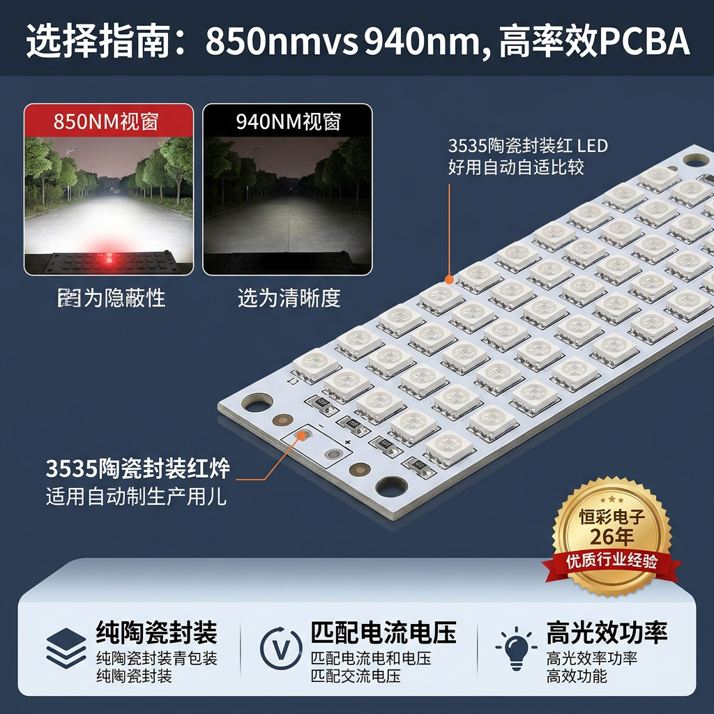 3535陶瓷红外灯珠选型指南，包括850NM与940NM的亮度、隐蔽性对比及重要选型要素