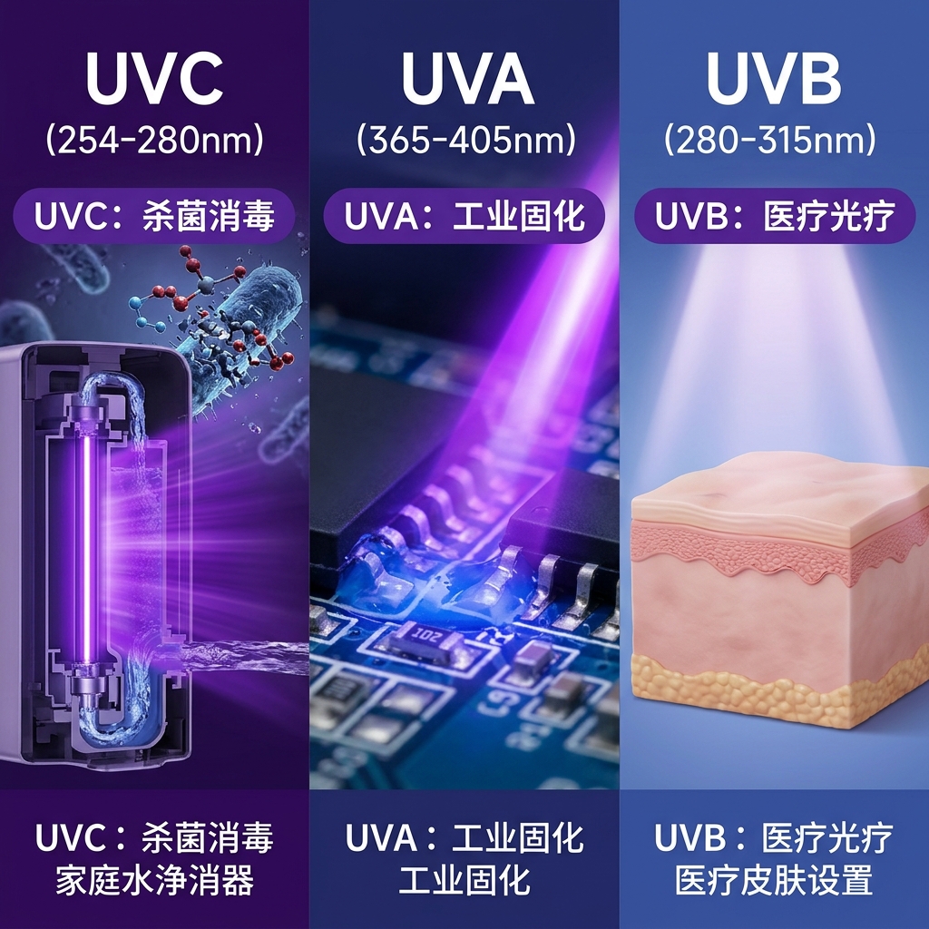 紫外线LED灯珠UVC、UVA、UVB三大波段应用场景合成图：涵盖杀菌消毒、工业固化和医疗光疗。