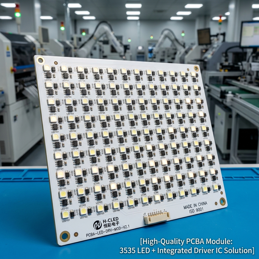 恒彩电子生产的高品质PCBA模块，板上整齐排列着3535 LED灯珠和驱动IC，展现一站式加工服务