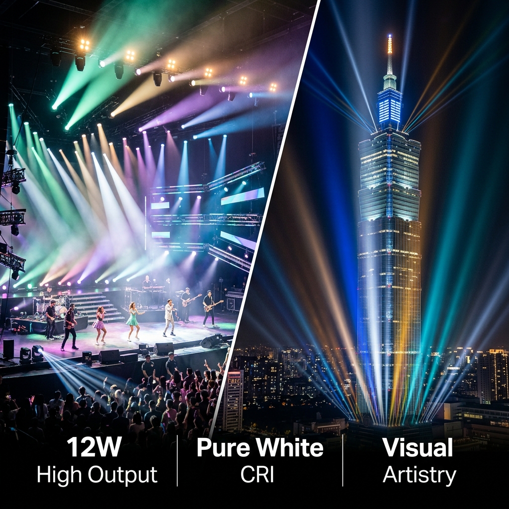 大功率5050 RGBW陶瓷LED灯珠在舞台演艺和建筑亮化中的应用效果图，展示其纯正白光、马卡龙色调和强大的12W高亮输出带来的震撼视觉艺术。