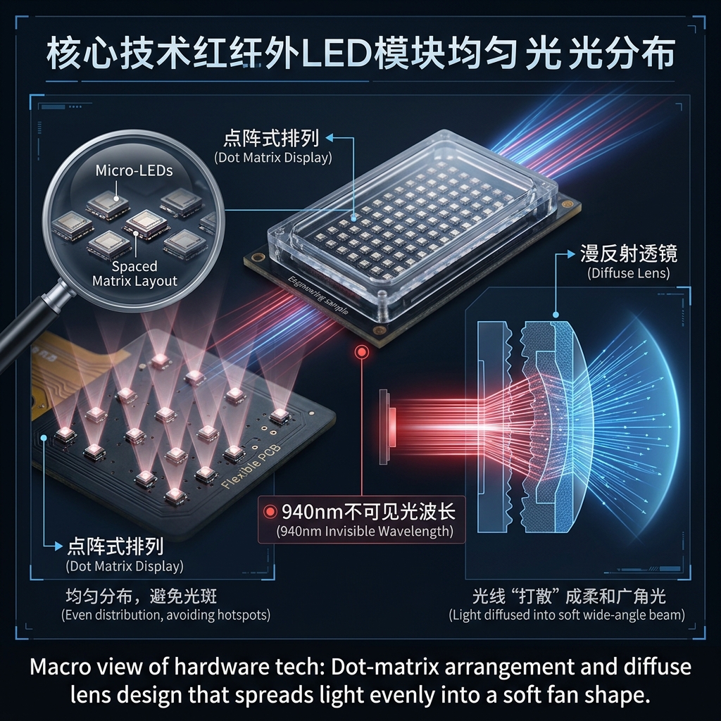 防反光红外LED灯珠的点阵式排列和漫反射透镜技术原理图。