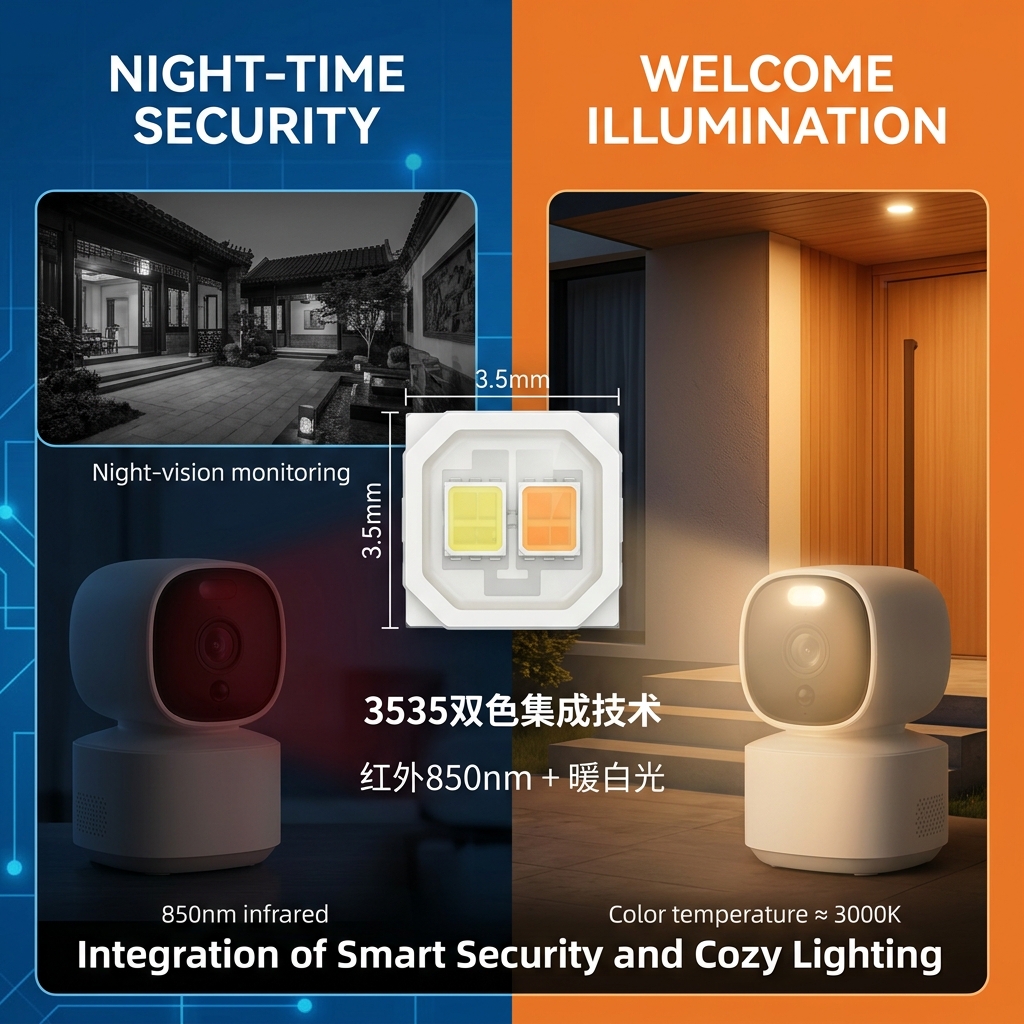 3535双色陶瓷红外850nm+暖白光灯珠一灯双用概念图,展现安防夜视与温馨照明切换场景