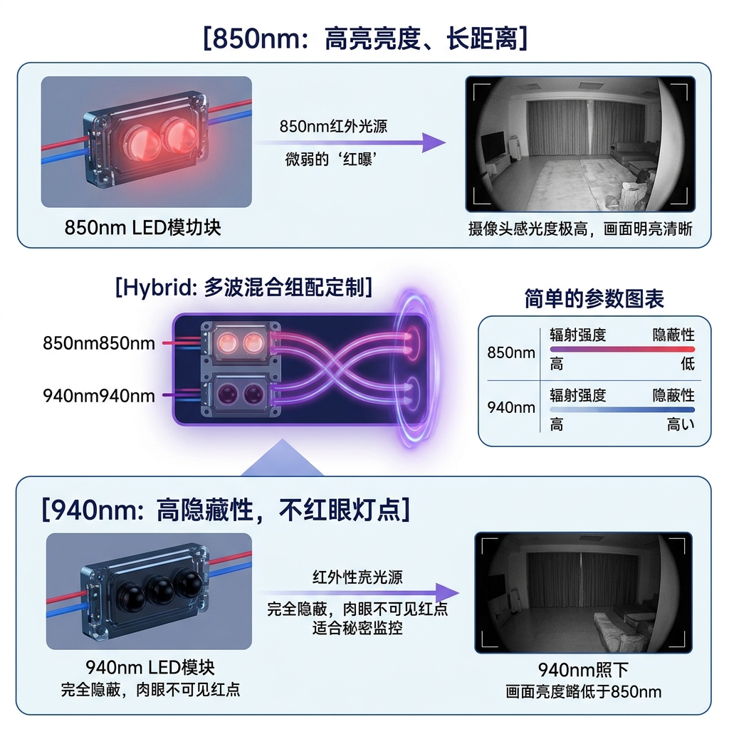 850nm与940nm红外补光灯珠特性对比图,并展示多路双波长组合模组,解析高亮度与高隐蔽性波长选择及其技术原理。
