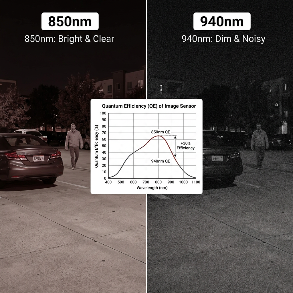 850nm与940nm红外灯珠夜视效果对比图：850nm画面清晰明亮，细节丰富；940nm画面昏暗多噪点，展示850nm更高的感光效率。