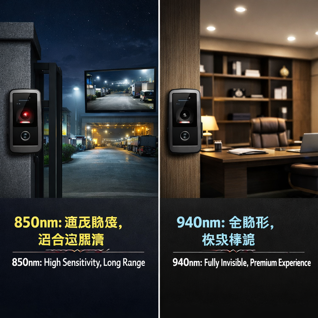 对比图展示850nm与940nm红外灯珠在不同场景的应用。左侧为工厂/室外大门，850nm灯珠有微弱红暴但照射远、图像清晰；右侧为高端办公室，940nm灯珠完全隐形，提供极致体验。