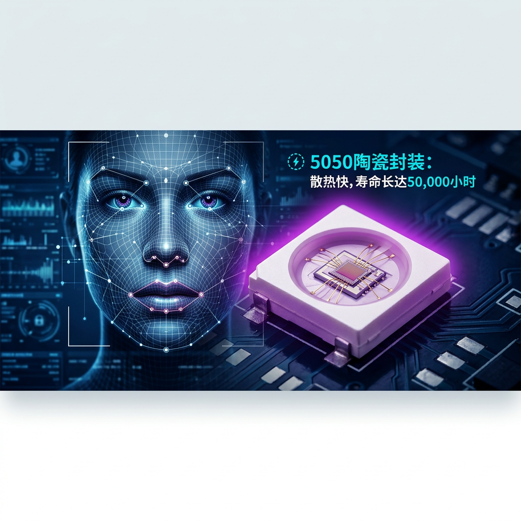 精密5050红外线陶瓷灯珠特写,展示其封装、散热优势及在人脸识别中的应用场景。