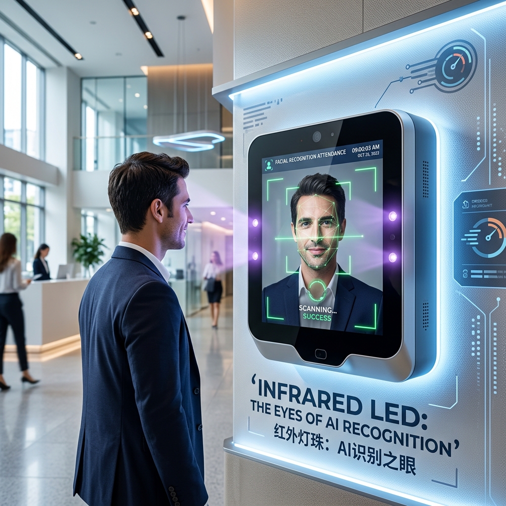 人脸识别考勤机在现代办公区，展示红外LED辅助AI识别的科技场景
