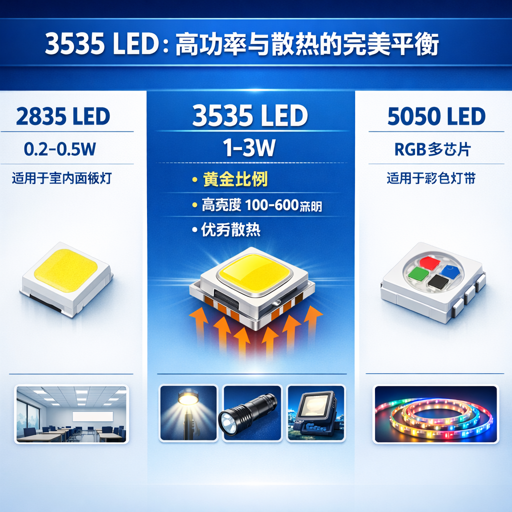 信息图表对比2835、3535和5050 LED灯珠的尺寸、功率与主要应用场景，突出3535作为高功率与散热平衡的优势。