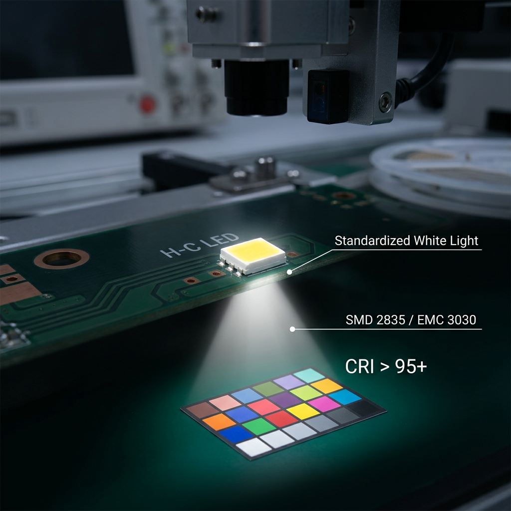 恒彩电子SMD/EMC高品质LED灯珠微距图,发出纯净白光并照射在测试色板上,显示高CRI大于95,强调灯光对色彩的真实还原能力。