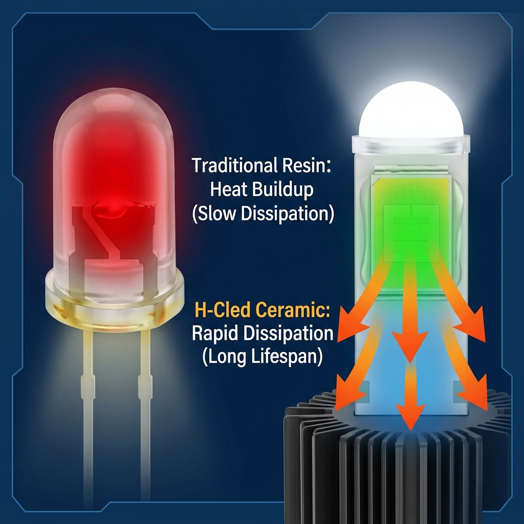 陶瓷封装与普通树脂封装LED灯珠散热对比图，左侧树脂灯珠热量堆积（红色），右侧陶瓷灯珠热量高效导出（绿色），直观展示陶瓷优异的散热性能。