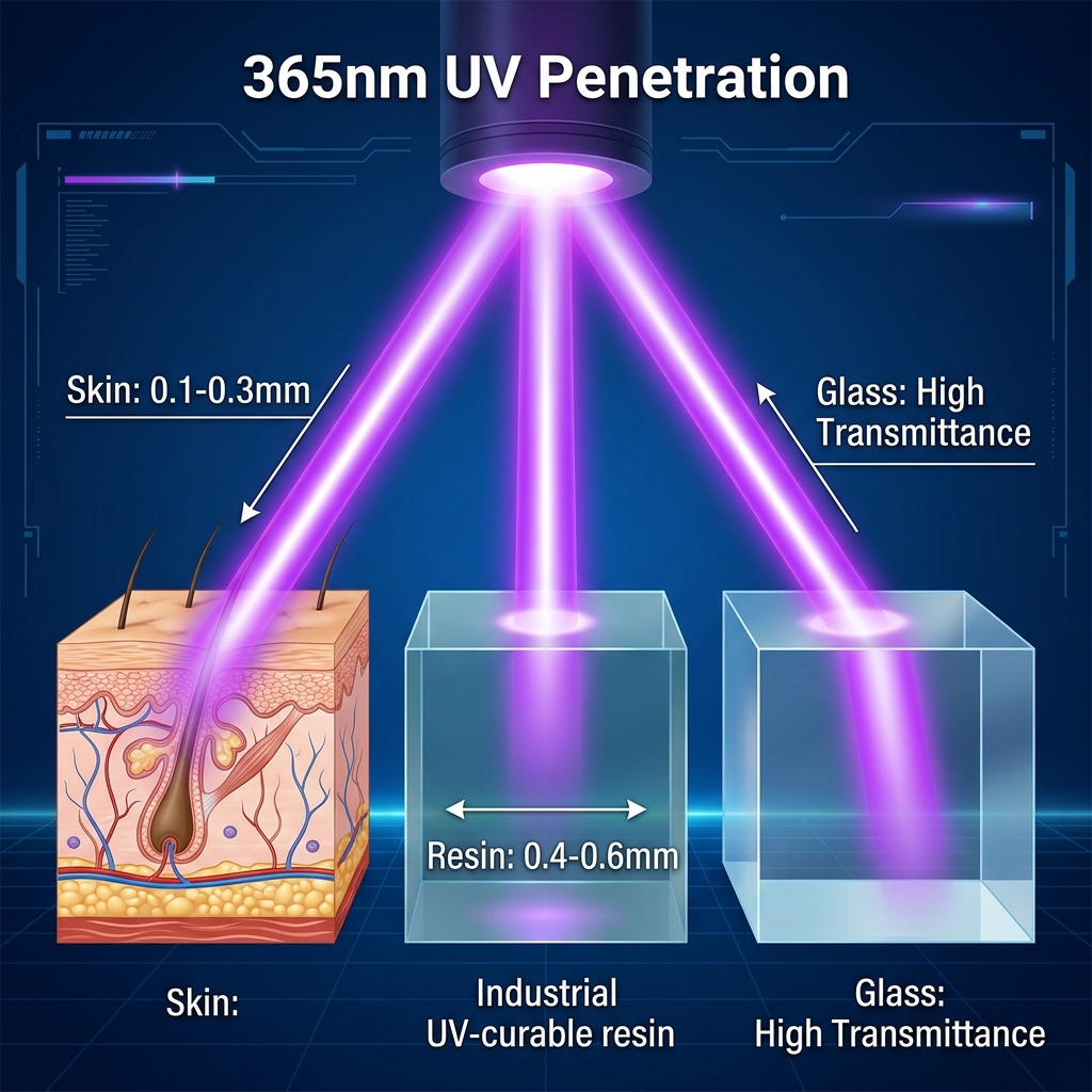 365nm紫外线在皮肤、树脂、玻璃中穿透深度对比示意图,展示皮肤约0.1-0.3mm,树脂约0.4-0.6mm,玻璃高穿透的视觉效果。