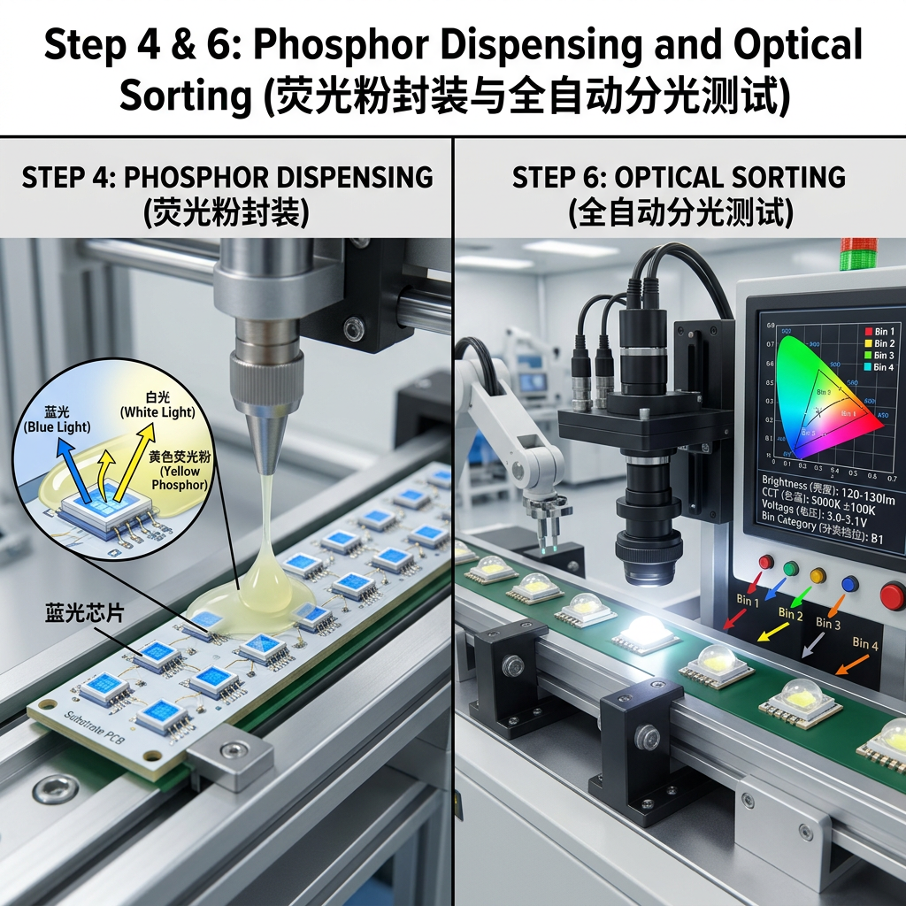 LED灯珠生产过程：自动化点胶封装覆盖荧光粉，以及全自动分光机进行亮度、色温、电压测试和分类，确保产品颜色一致性。