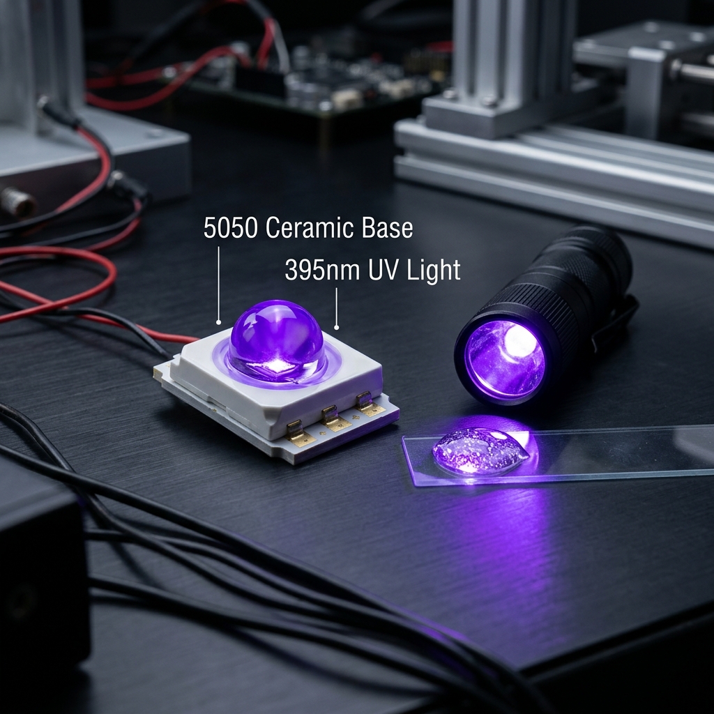 5050陶瓷紫光395nm光固化手电筒紫外核心产品图，展示5050陶瓷灯珠与手电筒高效固化UV胶水瞬间