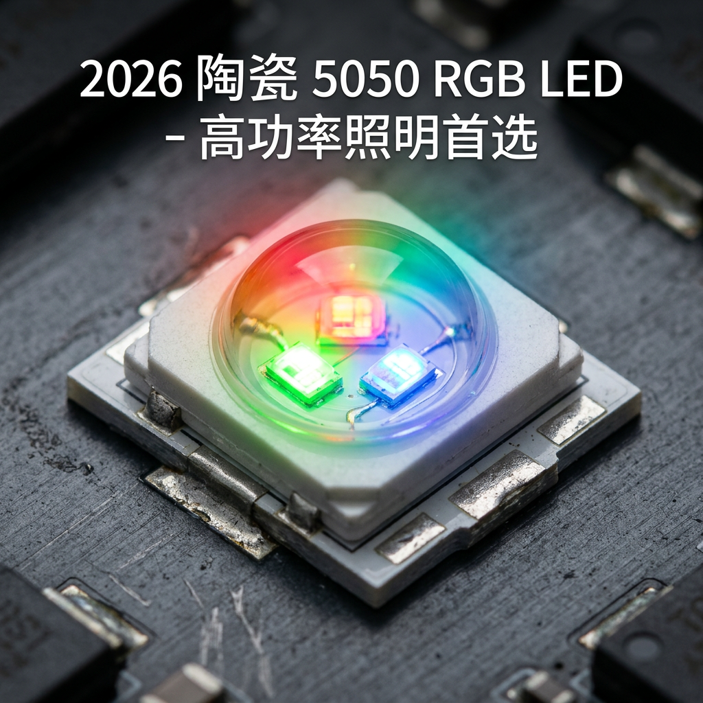 一张特写照片，展示了陶瓷5050RGB模顶大功率LED灯珠的精美结构，包括5.0x5.0mm尺寸、白色陶瓷底座、透明模压透镜以及内部发出绚丽光芒的红绿蓝芯片。