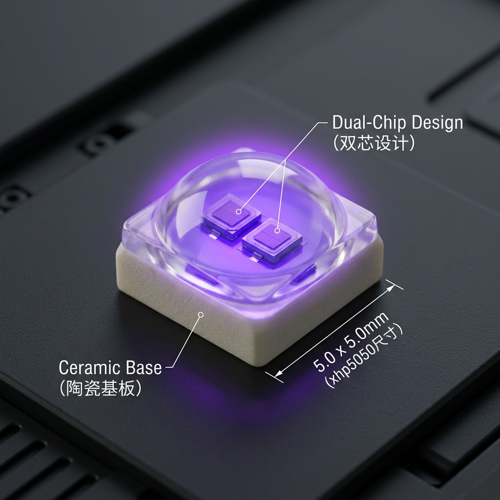 恒彩电子陶瓷xhp5050双芯紫光灯珠3D渲染图，清晰展示陶瓷基板、内部双芯片及5.0x5.0mm尺寸，发出强大紫色光芒。