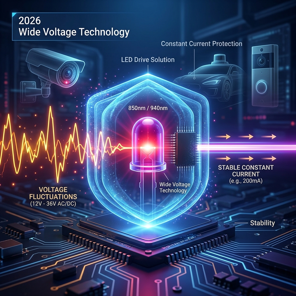 2026年宽电压红外LED驱动技术概念图:展示不稳定电压如何通过恒流驱动转换为稳定电流,延长灯珠寿命并应用于安防、汽车与智能家居场景。