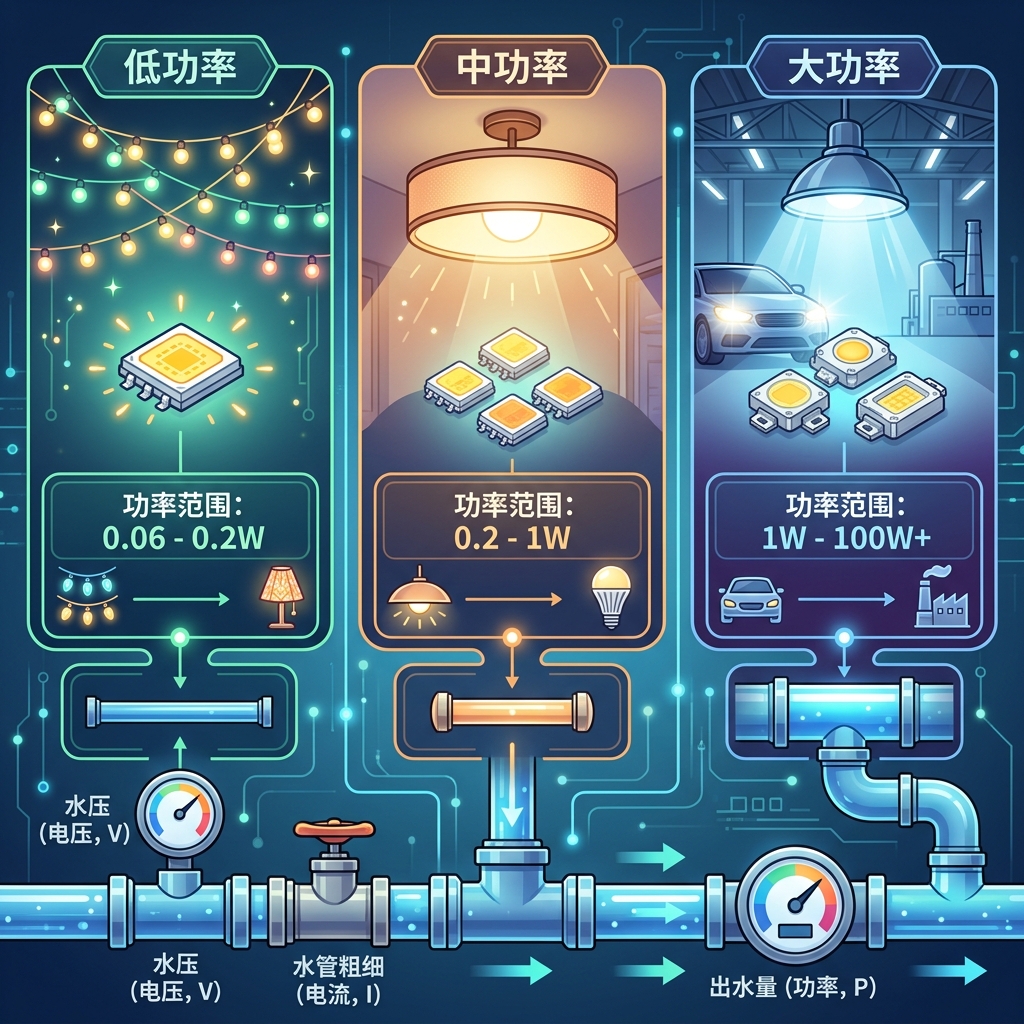 LED灯珠功率分类信息图：展示低、中、大功率灯珠及其应用场景，并配以电压电流与功率的水流比喻