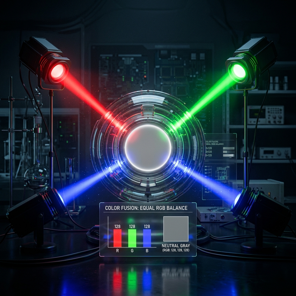 科技感十足的画面，展示红、绿、蓝三原色光束汇聚形成标准中灰色（RGB 128,128,128），直观解释灰色RGB值的核心原理。