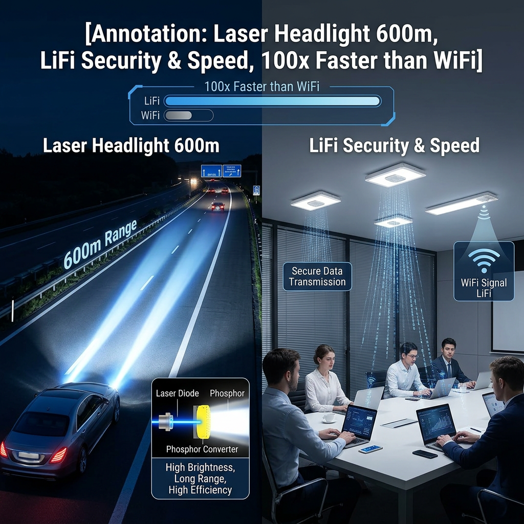 激光照明在汽车大灯中的应用及LiFi可见光通信技术在保密会议室的安全高速上网场景