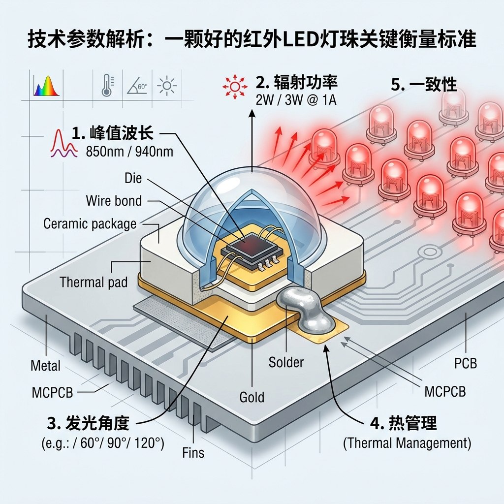 高品质红外LED灯珠的关键技术参数结构透视图,包含波长、辐射功率、发光角度和热管理,强调综合性能评估